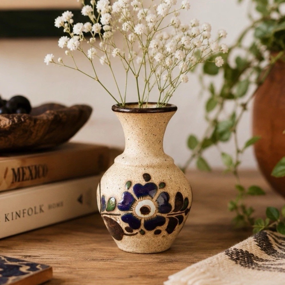 Tonala Folk Art Sandstone Mexican Pottery Bud Vase Floral Mexico Signed EUC